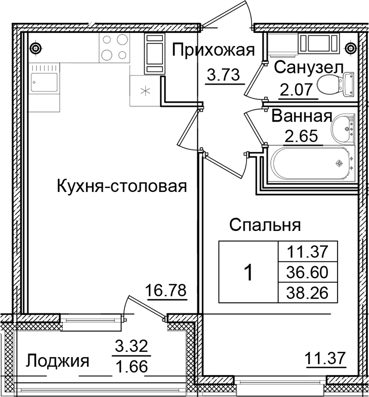 1-комнатная квартира 38.26 м², 4/9 эт., ЖК «Квартал Заречье»